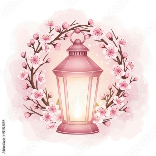 A pink lantern surrounded by cherry blossoms