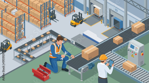 Isometric Warehouse Technician Repairing Conveyor Belt in Modern Distribution Center with Forklift Operations and Smart Inventory Management