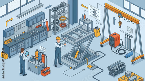 Isometric Industrial Workshop with Technicians Repairing Hydraulic Lift, Factory Maintenance Team in Safety Gear, Engineering Vector Illustration