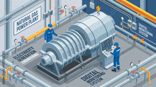 Isometric Natural Gas Power Plant with Technicians Operating Digital Monitoring System, Industrial Energy Infrastructure Vector Illustration