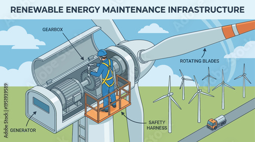 Isometric Wind Turbine Technician Performing Renewable Energy Maintenance and Gearbox Repair in Safety Harness