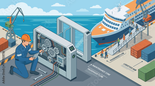 Isometric Marine Technician Repairing Industrial Control Panel at Seaport, Technical Maintenance Engineer Working on Shipyard Electrical Systems, Vector Illustration of Harbor Logistics Infrastructure