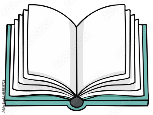 Open book with blank pages for writing, educational content, stories, and sketching, cartoon style illustration with green cover.