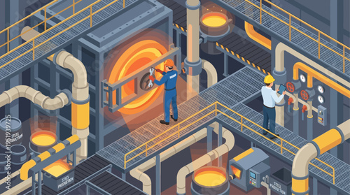 Isometric Industrial Factory Workers Operating Heavy Manufacturing Machinery with Glowing Molten Metal Production Line