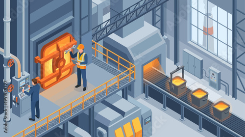 Isometric Industrial Factory Workers Operating Smelting Furnace, Steel Manufacturing Process, Heavy Industry Metallurgy Production Line