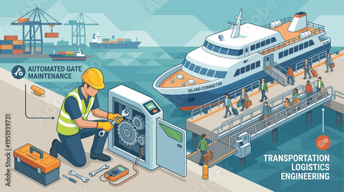 Isometric Marine Technician Repairing Automated Ferry Gate at Harbor Port, Industrial Maintenance Engineer Working on Ship Boarding System, Transportation Logistics Engineering Illustration