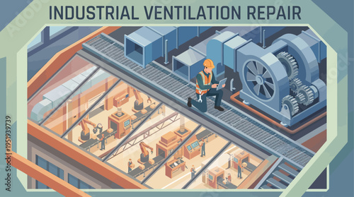 Isometric Industrial Ventilation Repair Technician Working with HVAC Systems in Factory Setting, Maintenance Engineer Inspecting Air Conditioning Equipment