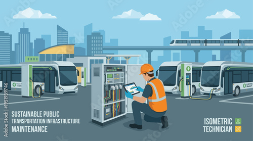 Isometric Electric Bus Technician Maintaining Sustainable Public Transportation Charging Station Infrastructure