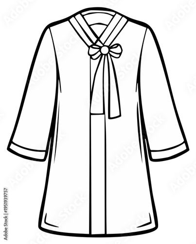 Classic robe with a tie neck bow front view black and white line art illustration for coloring