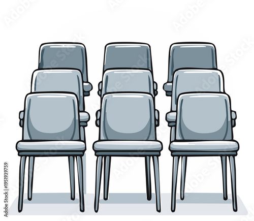 Rows of empty grey chairs for a presentation audience or seminar in a hand drawn vector style