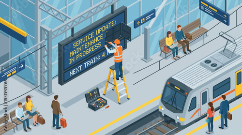 Isometric Technician Repairing Digital Display at Modern Train Station Platform with Commuters Waiting and Subway Arriving
