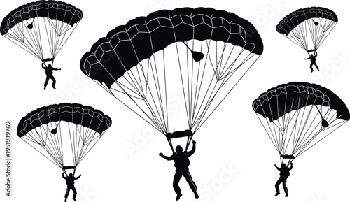 Parachutists silhouettes vector illustration with open parachutes, skydiving descent, aerial sport concept, adventure activity, airborne troops, military operation representation