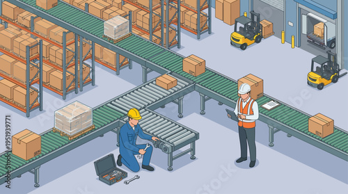Isometric Warehouse Technician Repairing Conveyor Belt in Modern Distribution Center with Forklift Operations and Inventory Management