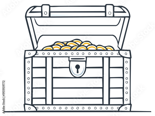 Treasure Chest with Gold Coins, Open, Line Art Illustration