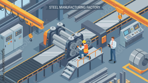 Isometric Steel Factory Worker Operating Industrial Rolling Mill Machinery, Manufacturing Engineer Monitoring Production Line, Heavy Industry Automation Technology