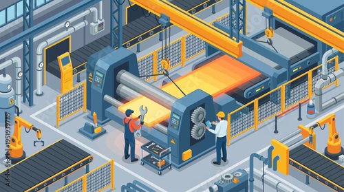 Isometric Factory Workers Operating Industrial Metal Rolling Mill Machinery in Modern Manufacturing Plant with Automation Technology