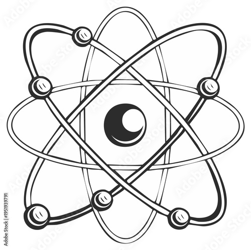 Black and white line art illustration of an atom model with a central nucleus and orbiting electrons.