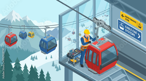 Isometric Cable Car Technician in Safety Gear Performing Maintenance on Ski Lift Gondola System in Alpine Mountain Resort