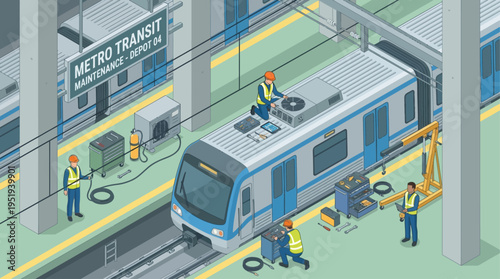 Isometric Metro Train Maintenance Technicians Repairing Subway Car in Transit Depot, Industrial Engineering Team Working on Railway Infrastructure