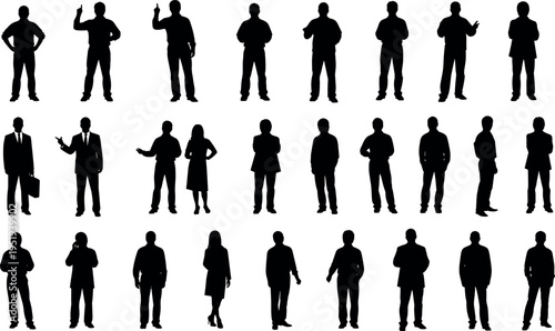 People silhouette vector illustration with diverse poses, casual and business attire, standing gestures, human posture artwork, lifestyle design inspiration