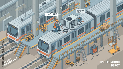 Isometric HVAC Technician Repairing AC Unit on Subway Train in Underground Maintenance Depot - Industrial Railway Engineering Illustration