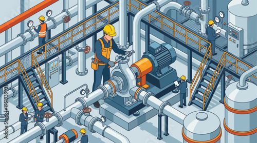 Isometric Industrial Technician Team Working in Chemical Plant Pipeline System, Factory Maintenance Workers in Safety Gear Operating Machinery, Vector Technical Illustration