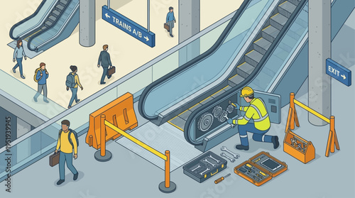 Isometric Maintenance Worker Repairing Escalator in Subway Station, Industrial Technician in Safety Gear, Urban Infrastructure Service, Vector Illustration of Public Transportation Engineering
