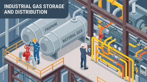 Isometric Industrial Gas Storage Facility with Technician Workers Inspecting Propane and Natural Gas Pipeline Distribution System