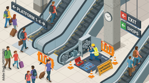Isometric Technician Repairing Escalator in Modern Subway Station with Commuters and Safety Barriers