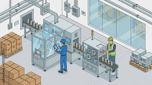 Isometric Factory Workers Operating Automated Bottling Production Line with Digital Tablet Monitoring, Modern Manufacturing Industry 4.0 Technology