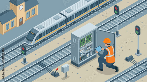 Isometric Railway Technician Inspecting Train Signal Control Box with Tablet, Modern Rail Maintenance Technology, Industrial Infrastructure Safety Check