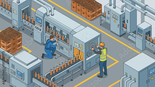 Isometric Factory Workers Repairing Bottling Machine - Industrial Maintenance Technicians in Manufacturing Plant, Vector Illustration