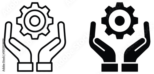 Hand holding gear icon, symbolizing support for process management, system maintenance, technical assistance, workflow control, and business operations concept vector