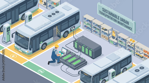 Isometric Electric Bus Technician Servicing Sustainable Urban Fleet, EV Charging Station Maintenance, Clean Energy Transportation Infrastructure, Green Technology Worker