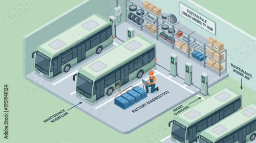 Isometric Electric Bus Technician at Sustainable Urban Mobility Hub, Battery Diagnostics Maintenance, Green Public Transit Infrastructure, Smart Charging Station
