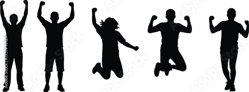 People silhouettes in joyful celebration poses, victory gesture vector illustration, triumphant body language artwork, achievement lifestyle concept design