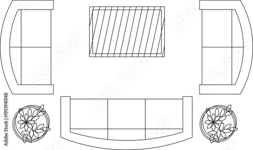 Technical interior design plan view showing a living room layout with three curved sofas arranged around a central striped rug and circular planters.