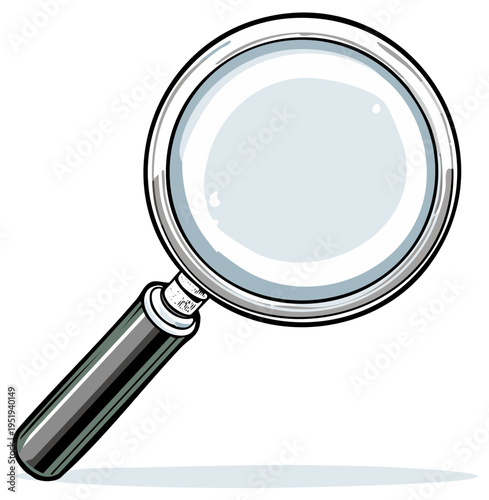 Cartoon magnifying glass for research and discovery isolated on white
