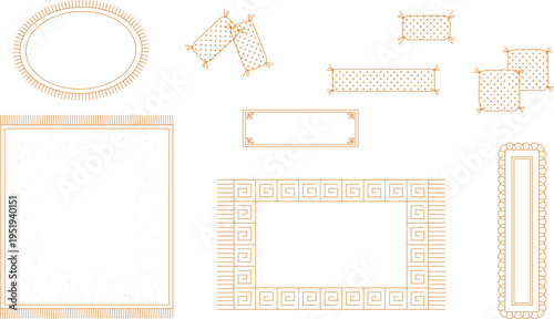 Technical interior design plan view showing various decorative rug and carpet layouts with different border patterns including Greek key, fringe and dotted designs.