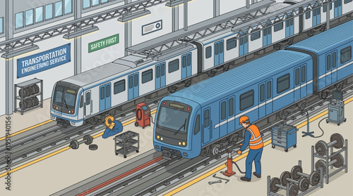 Isometric Railway Maintenance Technicians Repairing Subway Trains in Industrial Workshop, Transportation Engineering Service Team Working on Metro Rail Infrastructure