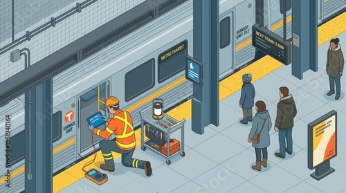 Isometric Railway Technician Performing Maintenance on Subway Train at Metro Station Platform with Passengers Waiting