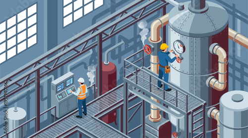 Isometric Industrial Technician Checking Pressure Gauge in Factory Maintenance Scene with Engineer Monitoring Control Panel