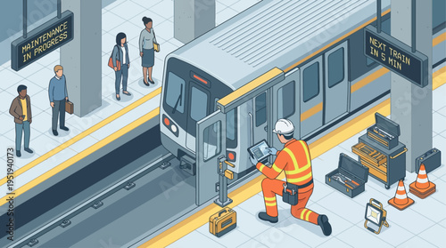 Isometric Subway Train Technician Inspecting Railway System at Modern Metro Station Platform, Maintenance Worker with Safety Equipment and Digital Tools