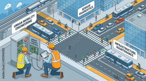 Isometric Smart City Technicians Maintaining Urban Traffic Control Systems Infrastructure Engineering Digital Illustration