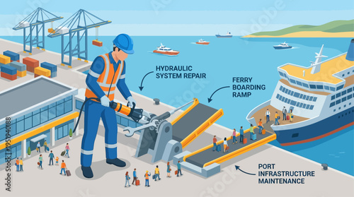 Isometric Port Worker Repairing Hydraulic Ferry Boarding Ramp at Maritime Terminal, Industrial Safety Equipment, Harbor Infrastructure Maintenance