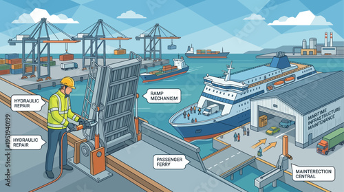 Isometric Maritime Port Technician Repairing Hydraulic Ramp Mechanism at Industrial Ferry Terminal with Container Ships and Infrastructure