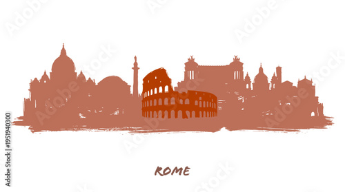 Detailed silhouette of the iconic Rome city skyline featuring ancient landmarks like the Colosseum and St. Peter's Basilica against a white background.