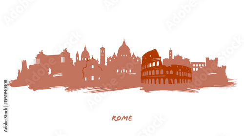 Stylized silhouette of the iconic Rome city skyline featuring famous landmarks like the Colosseum and St. Peter's Basilica, representing Italian travel and architecture.