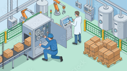 Isometric Factory Technician Repairing Industrial Machinery with Digital Quality Control in Modern Manufacturing Plant