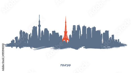 Stylized silhouette of the Tokyo skyline with the iconic red Tokyo Tower and Skytree standing out against a white background, featuring the city name below.